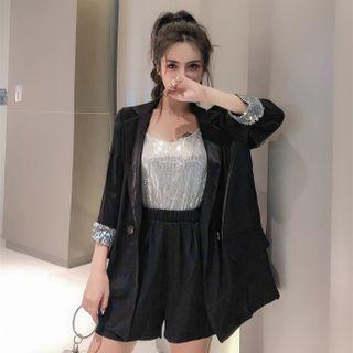 Sequined Single Breasted Blazer / Shorts / Spaghetti Strap Sequined Top / Set
