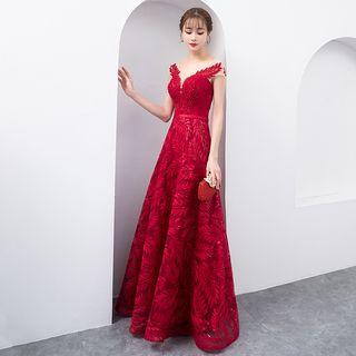 Mesh Panel Cap Sleeve Embroidered Evening Gown