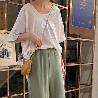 Elbow-sleeve Plain T-shirt T-shirt - White - One Size
