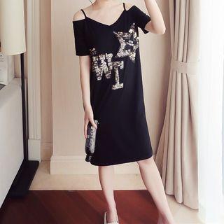 Sequined Cold Shoulder Short-sleeve T-shirt Dress