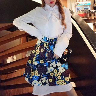 Set: Plain Shirt Dress + Flower Print A-line Skirt