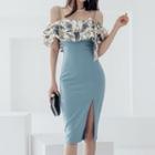 Cold-shoulder Print Panel Midi Bodycon Dress