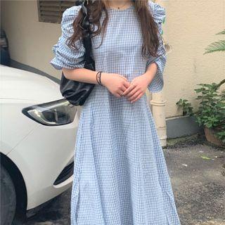 Elbow-sleeve Plaid Midi A-line Dress Plaid - Blue - One Size