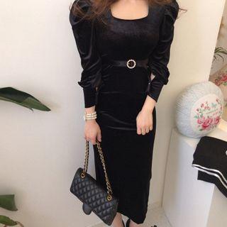 Square-neck Balloon-sleeve Velvet Midi Sheath Dress