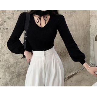 Long-sleeve Tie-neck Cutout Knit Top