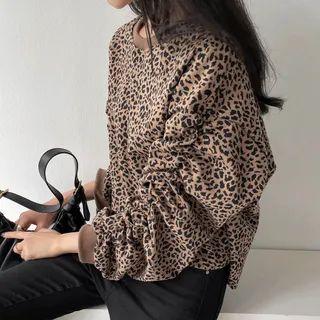 Shirred-sleeve Leopard Top