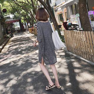 Short Sleeve Striped T-shirt Dress Stripe - Black, Gray - One Size