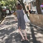 Short Sleeve Striped T-shirt Dress Stripe - Black, Gray - One Size
