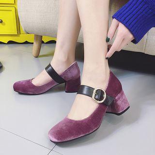 Buckled Velvet Block-heel Pumps