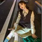 V-neck Sweater Vest / Long-sleeve Midi A-line Dress