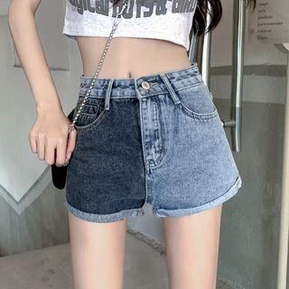 High Waist Two-tone Denim Hot Pants