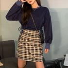 Tie-waist Cropped Sweatshirt / Plaid Mini Fitted Skirt / Set