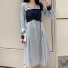 Two-tone Panel Long-sleeve Midi A-line Dress