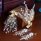 Wedding Set: Faux Pearl Branches Hair Clip + Dangle Earring Headpiece & Earring - Gold - One Size