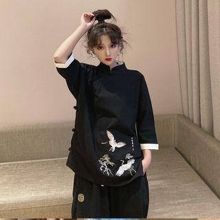 Crane Embroidered 3/4 Sleeve Hanfu Top / Harem Pants