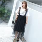 Set: Short-sleeve Lettering T-shirt + Lace-trim Mesh Midi Suspender Dress