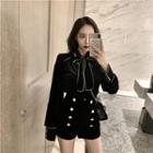 Long-sleeve Tie-neck Blouse / High-waist Shorts