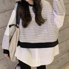 Mock Two Piece Stripe Loose Fit Shirt Panel Sweatshirt Top - Black & White - One Size