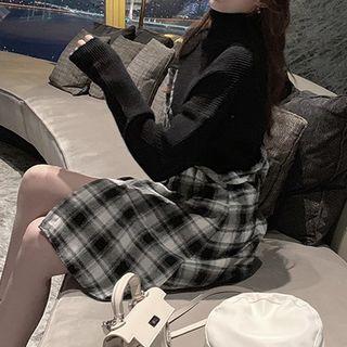 Gingham Panel Turtleneck Dress Black - One Size