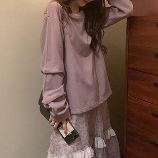 Plain Pullover / Floral Midi A-line Skirt / Set