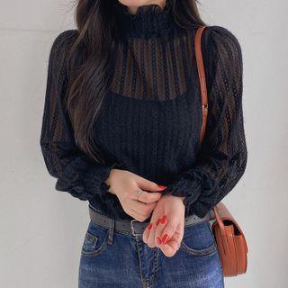 High-neck Smocked Lace Blouse