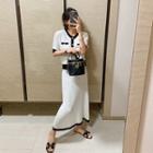 Set: Contrast-trim Cardigan + A-line Skirt