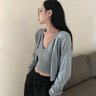 Set: Plain Knit Cardigan + V-neck Knit Top