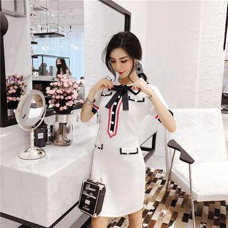Short-sleeve Tie Neck Sheath Dress White - One Size