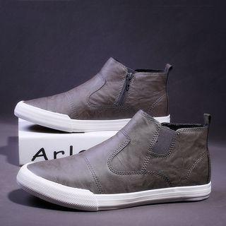 Faux Leather Stitched Elastic Panel Ankle Boots