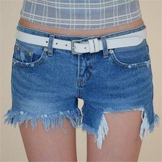 Cutout Fringe-hem Denim Shorts