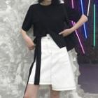 Set: Asymmetric Short-sleeve T-shirt + Contrast Stitching A-line Denim Skirt