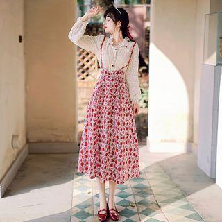 Set: Puff-sleeve Lac Blouse + Floral Print Overall Dress
