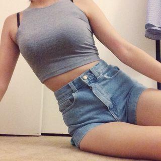 Plain High-waist Washed Denim Shorts