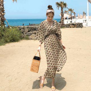 Tie-back Patterned Dress Khaki - One Size