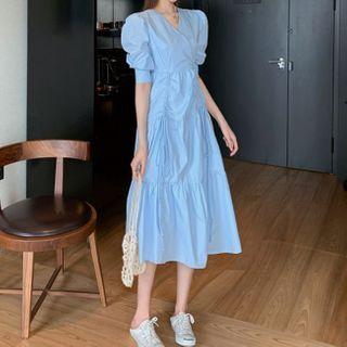 Puff Sleeve V-neck Ruched A-line Dress
