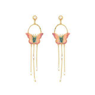 Fashion Elegant Colorful Butterfly Tassel Enamel Earrings With Imitation Pearls Golden - One Size
