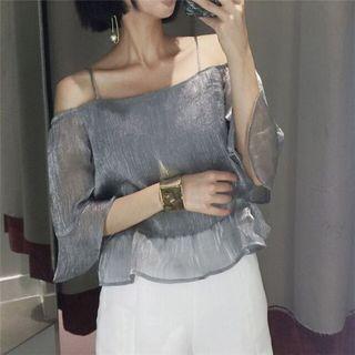 Frill Trim Off Shoulder Elbow Sleeve Top