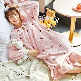 Cherry Print Long-sleeve Sleep Dress