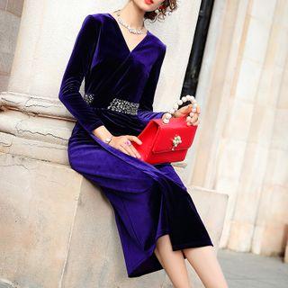 Long-sleeve Ruched Midi Velvet Sheath Dress