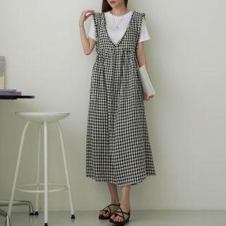 Frilled Gingham Maxi Overall Dress