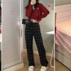 Set: Plaid Wide-leg Pants + Embroidered Cardigan