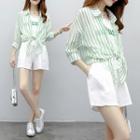 Set: Lettering Spaghetti Strap Playsuit + Striped 3/4 Shirt