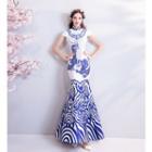 Short-sleeve Printed Mermaid Evening Gown