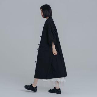 Puff-sleeve Bow Midi A-line Dress Black - One Size