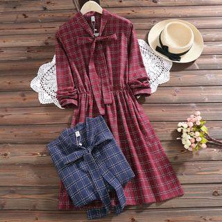 Check Tie-neck Long-sleeve A-line Dress