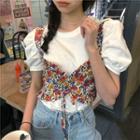 Plain Puff-sleeve T-shirt / Floral Sleeveless Top