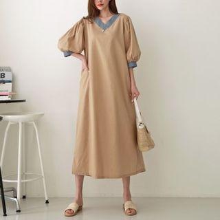 Puff-sleeve Contrast-trim Maxi Dress
