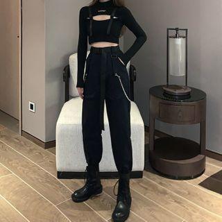 Long-sleeve Cutout-front Cropped Top / Harem Pants / Set