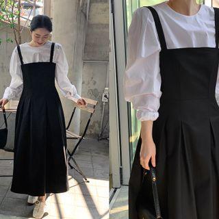 Pleated A-line Midi Overall Dress