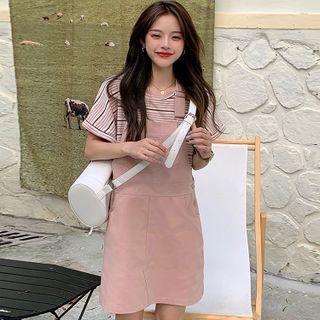 Set : Striped Short-sleeve T-shirt + Jumper Dress